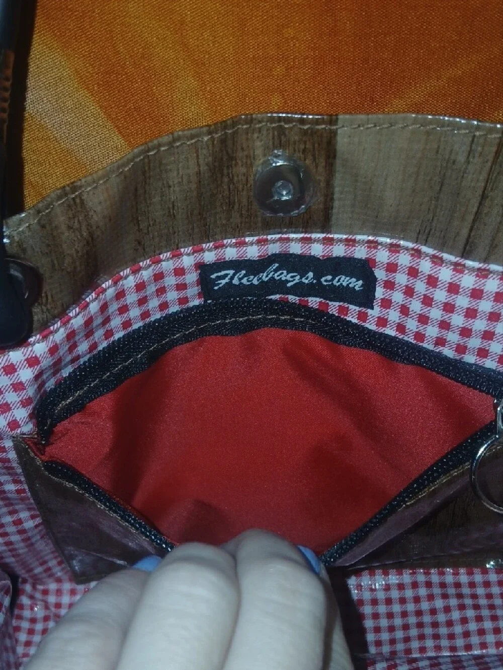 Fleebags Oil Cloth Faux-Wood Tote W/ Gingham Interior